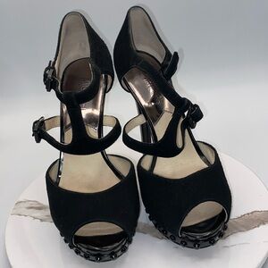 Michael Kors Peep Toe Suede Studded Heels Ankle Strap Stilettos Black Sz 6